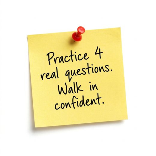 Sticky note: Practice 4 real questions. Walk in confident.